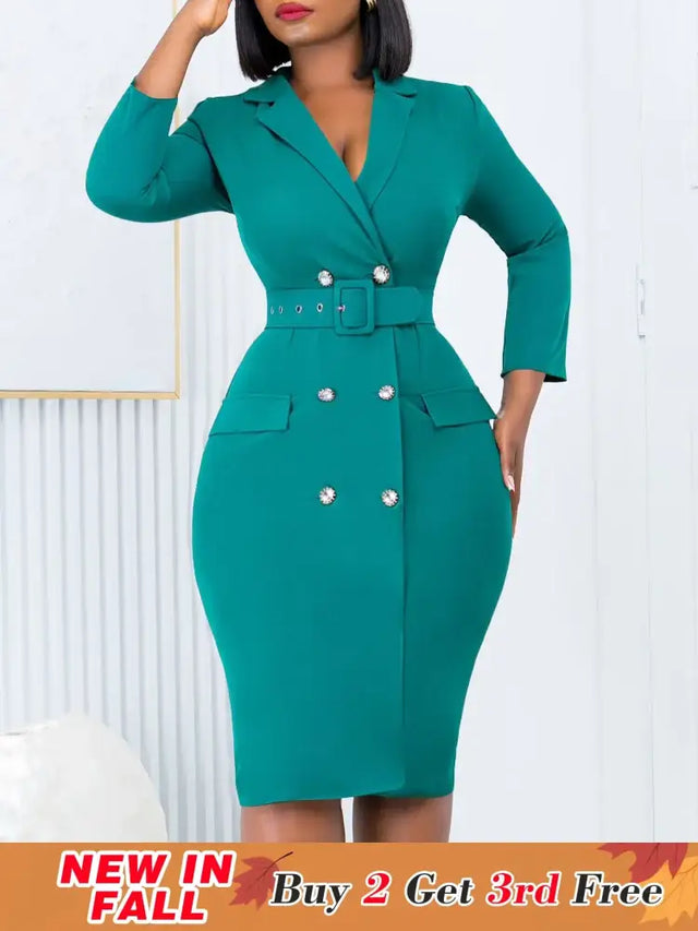 Elegant Dresses for Women Notched Collar Long Sleeve Double Breasted with Belt