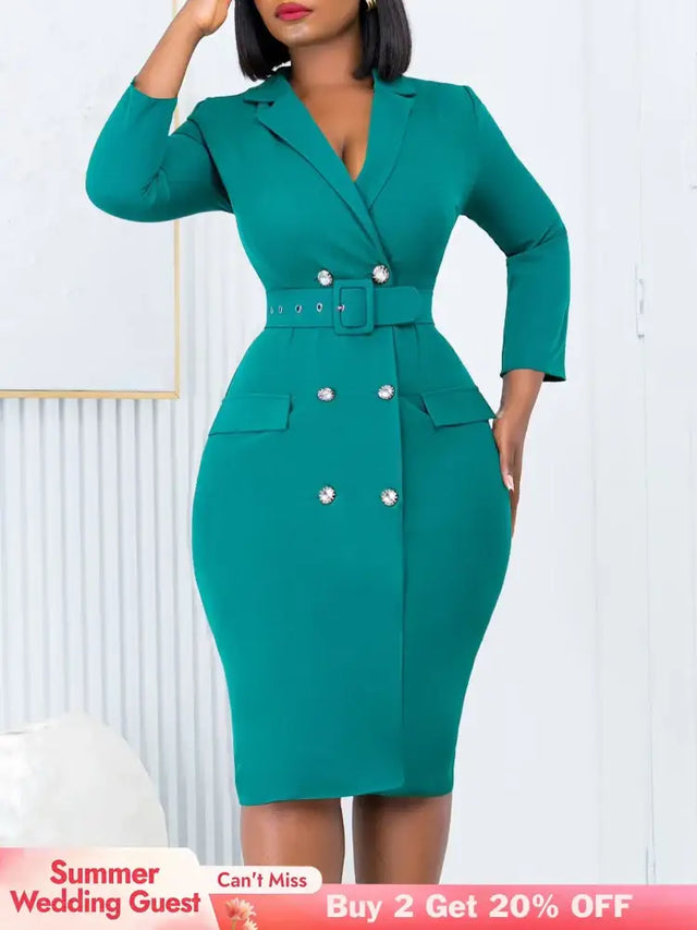Elegant Dresses for Women Notched Collar Long Sleeve Double Breasted with Belt