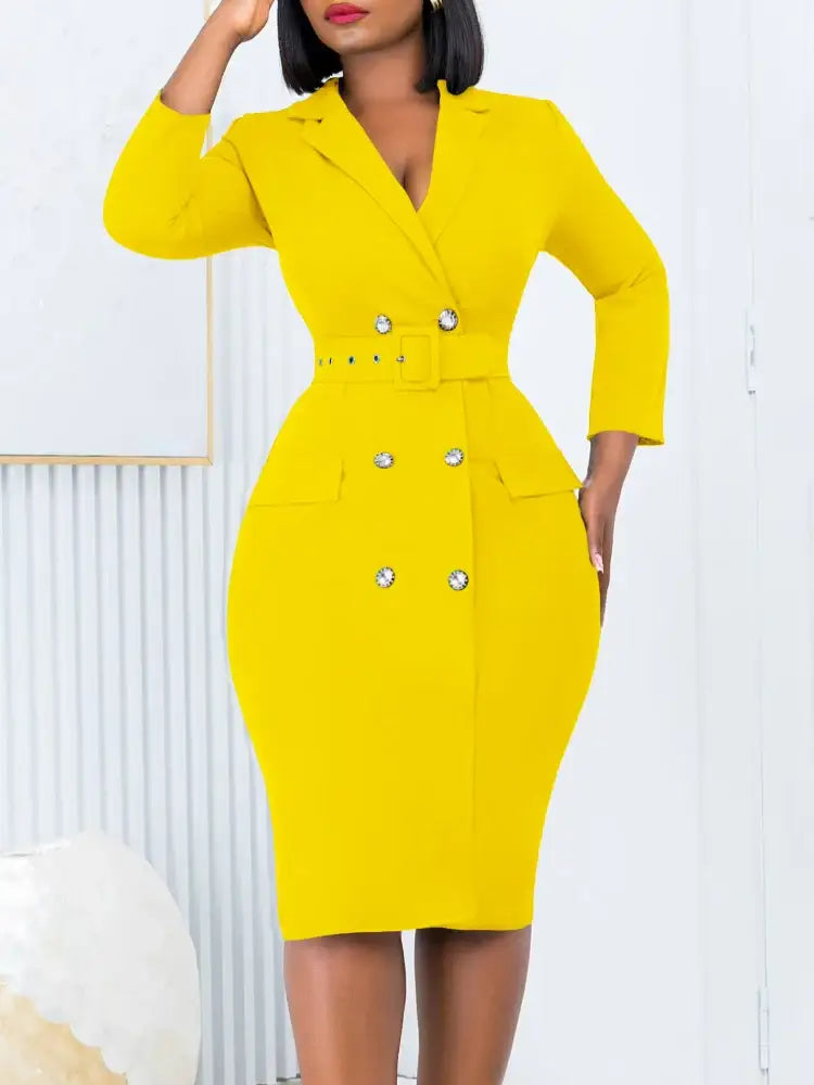 Elegant Dresses for Women Notched Collar Long Sleeve Double Breasted with Belt