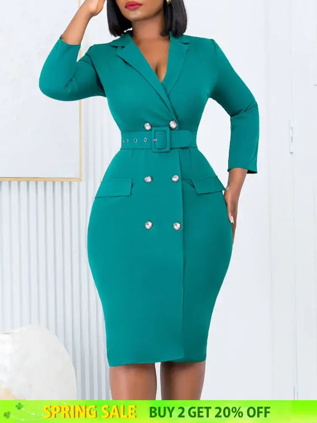 Elegant Dresses for Women Notched Collar Long Sleeve Double Breasted with Belt