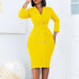 Elegant Dresses for Women Notched Collar Long Sleeve Double Breasted with Belt Yellow / S