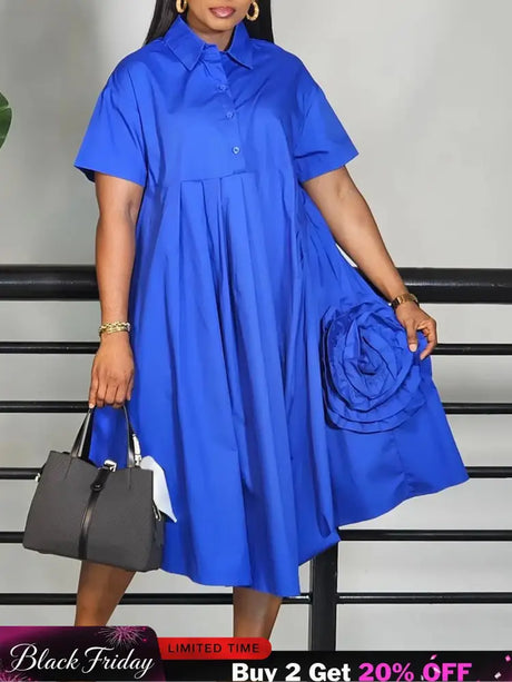 Elegant Loose Shirt Dresses For Women Turn Down Collar Short Sleeve 3D Flower