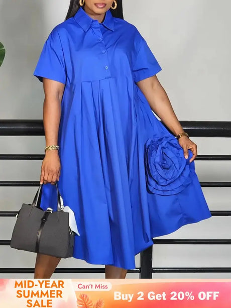 Elegant Loose Shirt Dresses For Women Turn Down Collar Short Sleeve 3D Flower