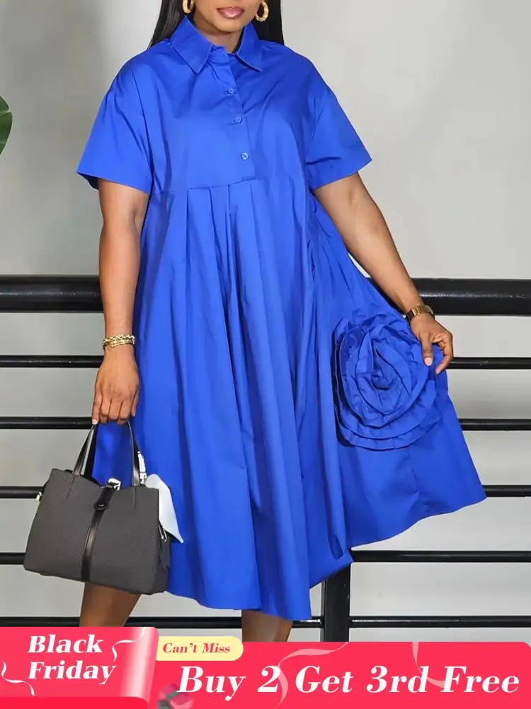 Elegant Loose Shirt Dresses For Women Turn Down Collar Short Sleeve 3D Flower