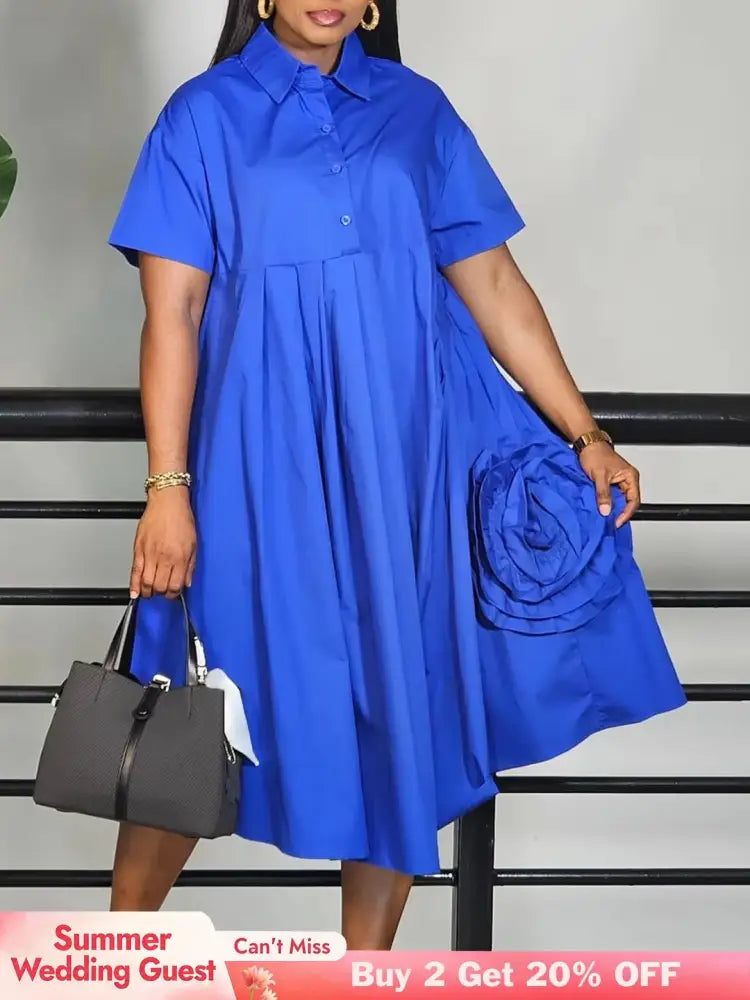 Elegant Loose Shirt Dresses For Women Turn Down Collar Short Sleeve 3D Flower