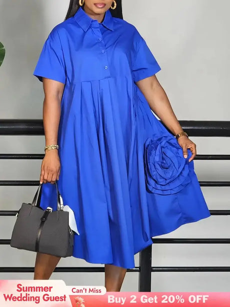 Elegant Loose Shirt Dresses For Women Turn Down Collar Short Sleeve 3D Flower