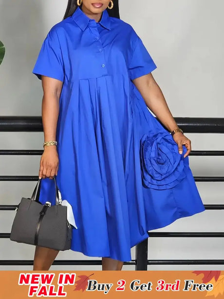 Elegant Loose Shirt Dresses For Women Turn Down Collar Short Sleeve 3D Flower