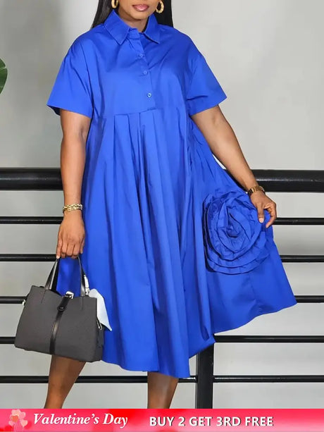 Elegant Loose Shirt Dresses For Women Turn Down Collar Short Sleeve 3D Flower
