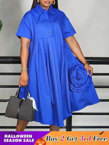 Elegant Loose Shirt Dresses For Women Turn Down Collar Short Sleeve 3D Flower