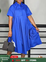 Elegant Loose Shirt Dresses For Women Turn Down Collar Short Sleeve 3D Flower