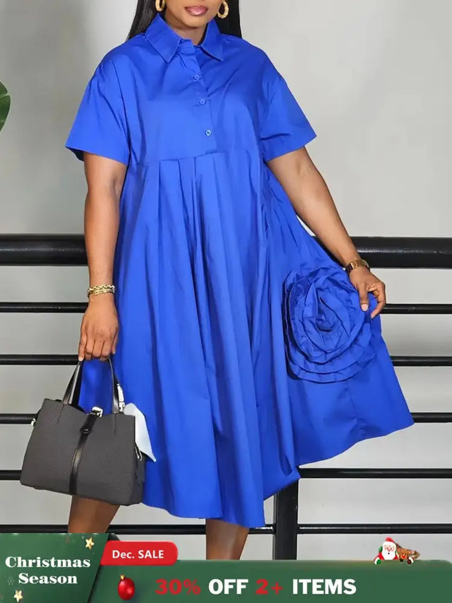 Elegant Loose Shirt Dresses For Women Turn Down Collar Short Sleeve 3D Flower