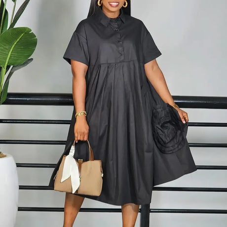 Elegant Loose Shirt Dresses For Women Turn Down Collar Short Sleeve 3D Flower Black / S