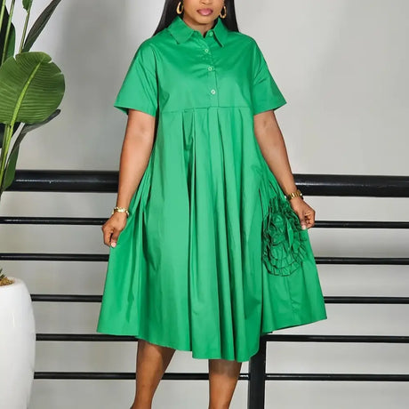 Elegant Loose Shirt Dresses For Women Turn Down Collar Short Sleeve 3D Flower Green / S