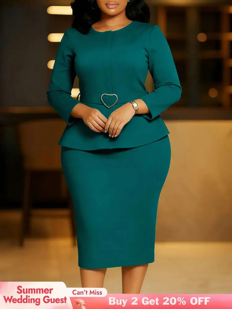 Elegant Midi Church Dress for Women O Neck Long Sleeve Waist Belt Peplum Belly Cover