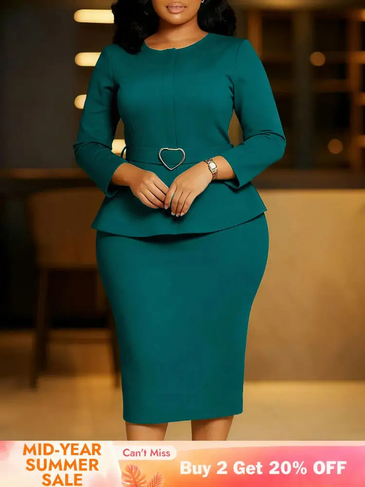 Elegant Midi Church Dress for Women O Neck Long Sleeve Waist Belt Peplum Belly Cover