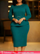 Elegant Midi Church Dress for Women O Neck Long Sleeve Waist Belt Peplum Belly Cover
