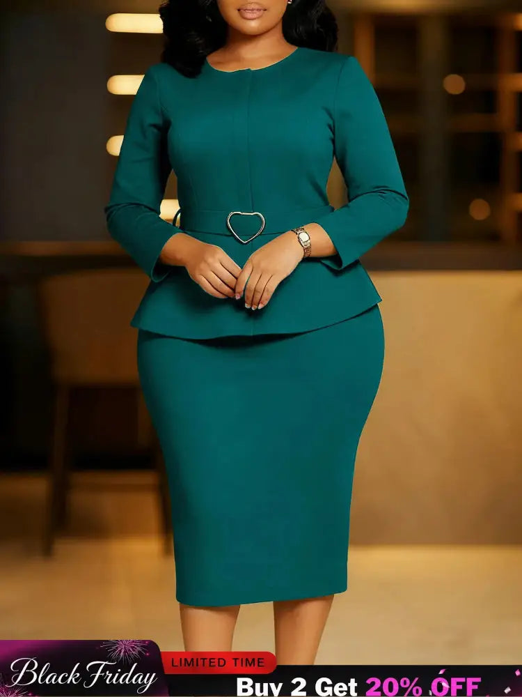 Elegant Midi Church Dress for Women O Neck Long Sleeve Waist Belt Peplum Belly Cover