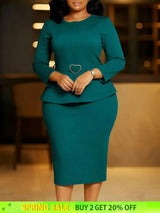 Elegant Midi Church Dress for Women O Neck Long Sleeve Waist Belt Peplum Belly Cover