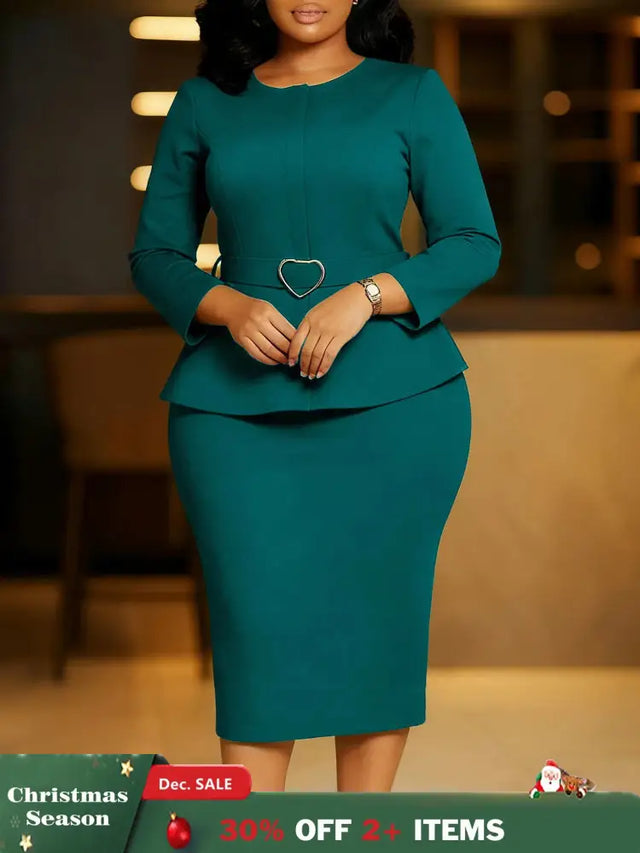Elegant Midi Church Dress for Women O Neck Long Sleeve Waist Belt Peplum Belly Cover