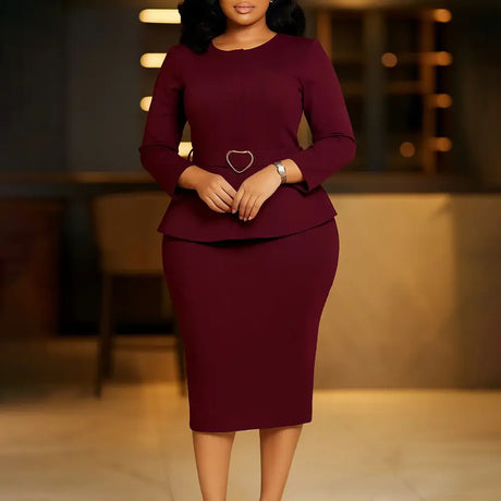 Elegant Midi Church Dress for Women O Neck Long Sleeve Waist Belt Peplum Belly Cover Burgundy / S