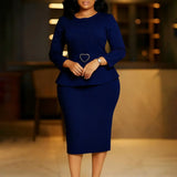 Elegant Midi Church Dress for Women O Neck Long Sleeve Waist Belt Peplum Belly Cover