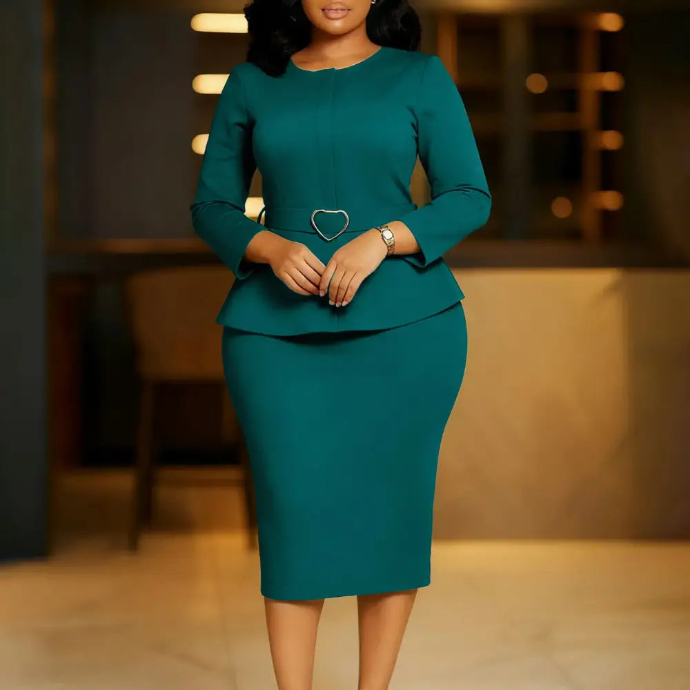 Elegant Midi Church Dress for Women O Neck Long Sleeve Waist Belt Peplum Belly Cover Green / S