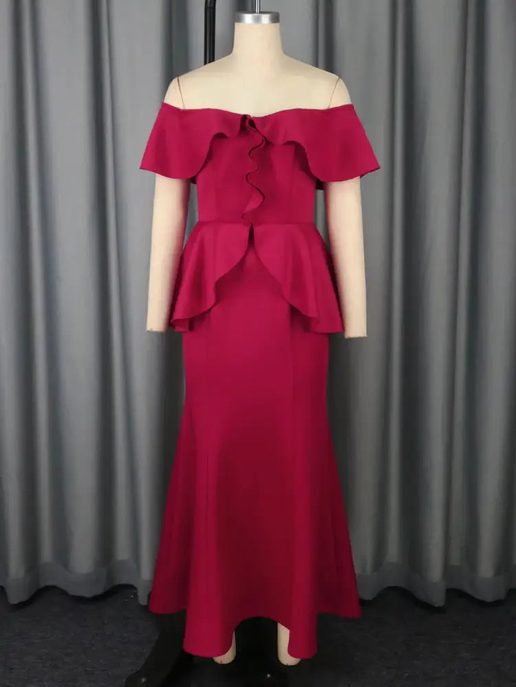Elegant Off Shoulder Maxi Dress with Ruffled Peplum Short Sleeves