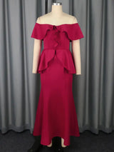 Elegant Off Shoulder Maxi Dress with Ruffled Peplum Short Sleeves