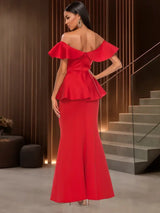 Elegant Off Shoulder Maxi Dress with Ruffled Peplum Short Sleeves