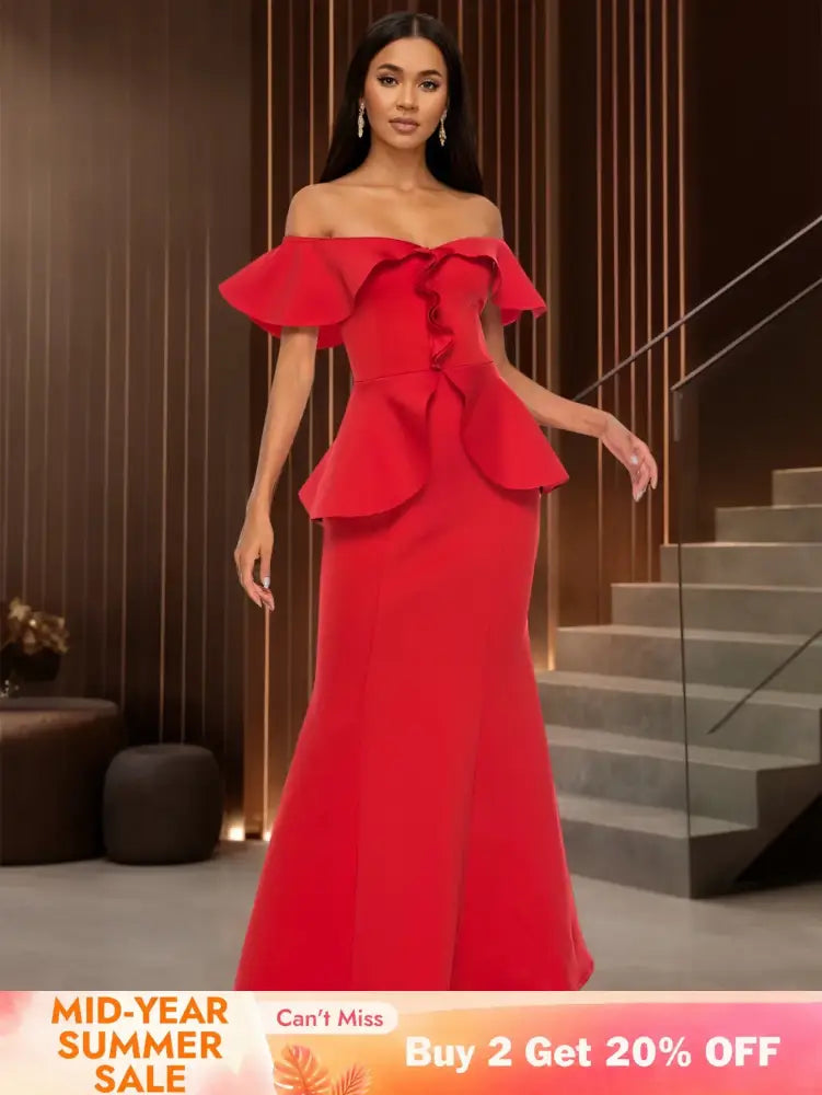 Elegant Off Shoulder Maxi Dress with Ruffled Peplum Short Sleeves DarkRed / S