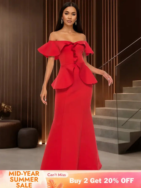 Elegant Off Shoulder Maxi Dress with Ruffled Peplum Short Sleeves DarkRed / S