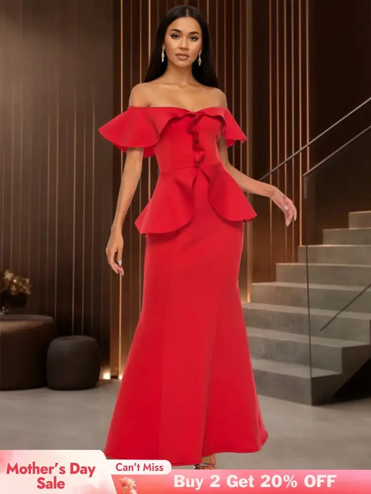 Elegant Off Shoulder Maxi Dress with Ruffled Peplum Short Sleeves DarkRed / S