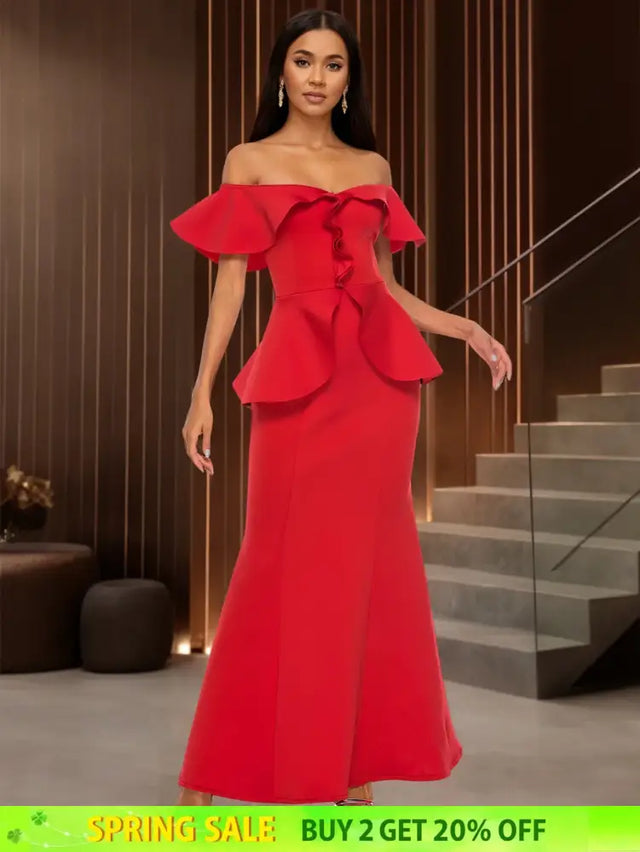 Elegant Off Shoulder Maxi Dress with Ruffled Peplum Short Sleeves DarkRed / S