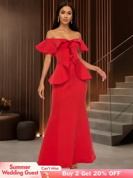 Elegant Off Shoulder Maxi Dress with Ruffled Peplum Short Sleeves DarkRed / S