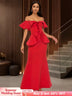 Elegant Off Shoulder Maxi Dress with Ruffled Peplum Short Sleeves DarkRed / S
