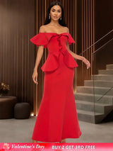 Elegant Off Shoulder Maxi Dress with Ruffled Peplum Short Sleeves DarkRed / S