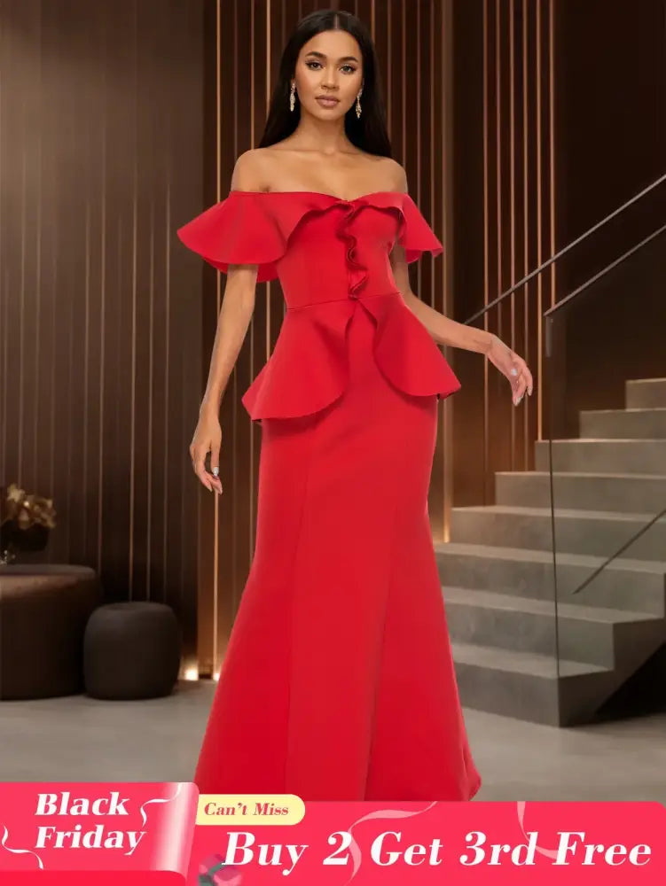 Elegant Off Shoulder Maxi Dress with Ruffled Peplum Short Sleeves DarkRed / S
