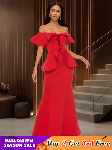 Elegant Off Shoulder Maxi Dress with Ruffled Peplum Short Sleeves DarkRed / S