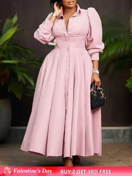 Elegant Shirt Dresses Women Turn Down Collar Long Puff Sleeve