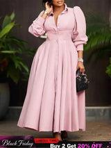 Elegant Shirt Dresses Women Turn Down Collar Long Puff Sleeve