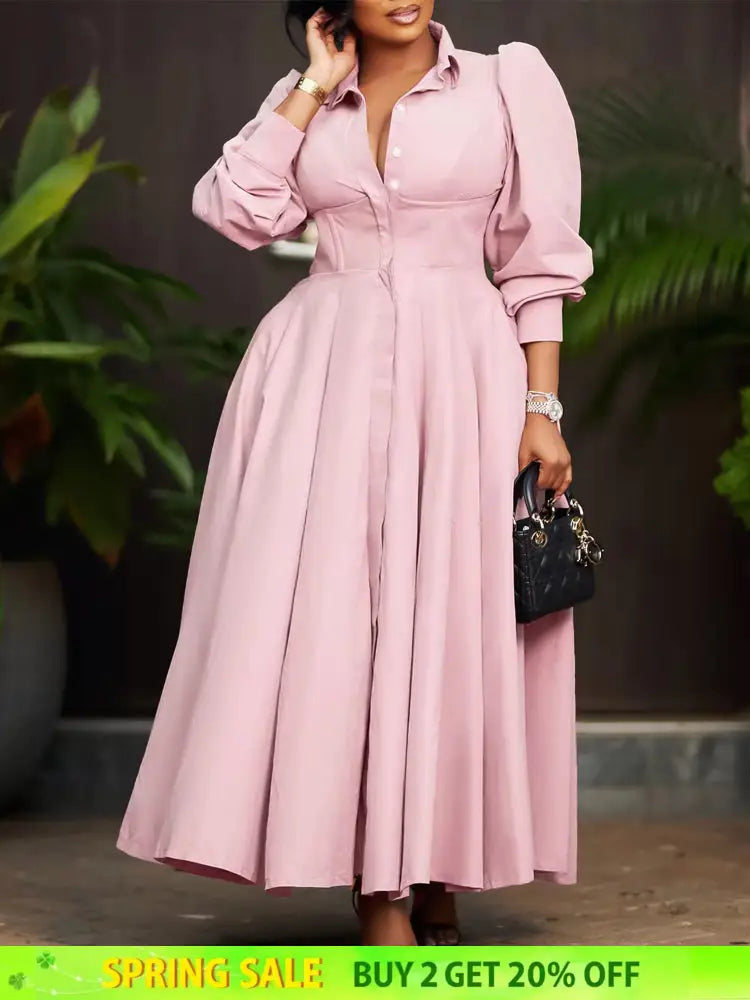 Elegant Shirt Dresses Women Turn Down Collar Long Puff Sleeve