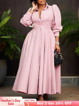 Elegant Shirt Dresses Women Turn Down Collar Long Puff Sleeve