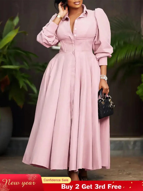 Elegant Shirt Dresses Women Turn Down Collar Long Puff Sleeve
