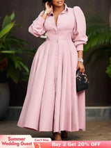 Elegant Shirt Dresses Women Turn Down Collar Long Puff Sleeve
