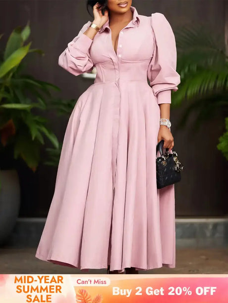 Elegant Shirt Dresses Women Turn Down Collar Long Puff Sleeve