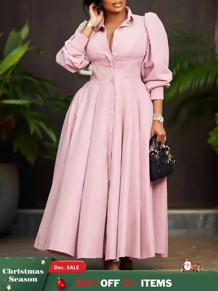 Elegant Shirt Dresses Women Turn Down Collar Long Puff Sleeve