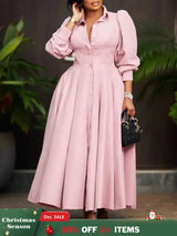 Elegant Shirt Dresses Women Turn Down Collar Long Puff Sleeve