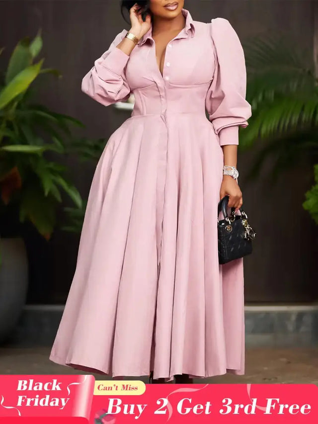 Elegant Shirt Dresses Women Turn Down Collar Long Puff Sleeve