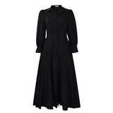 Elegant Shirt Dresses Women Turn Down Collar Long Puff Sleeve Black / S