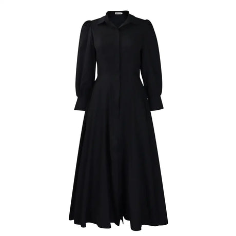 Elegant Shirt Dresses Women Turn Down Collar Long Puff Sleeve Black / S